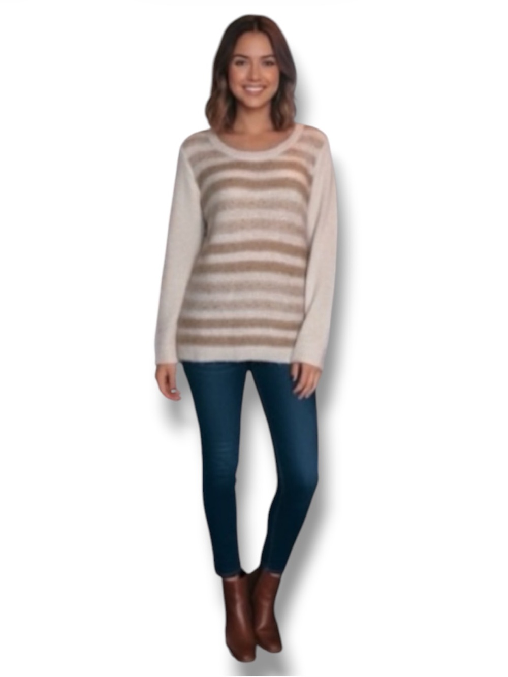 Tommy Hilfiger Sweater Cream & Tan Scoop Neck Sequins Striped Preppy Glam Size M
